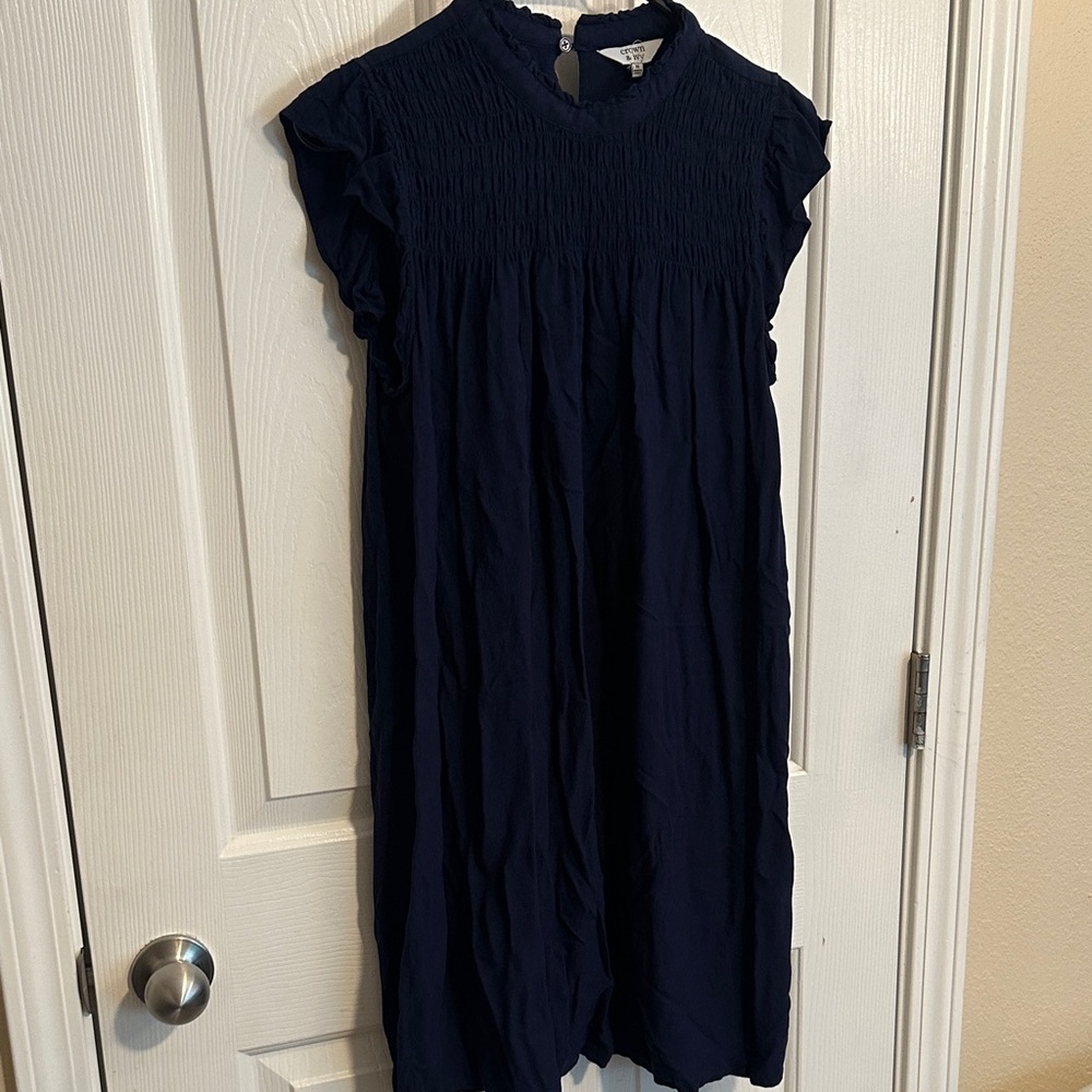 Crown & Ivy Navy Midi Dress with Ruffled Sleeves